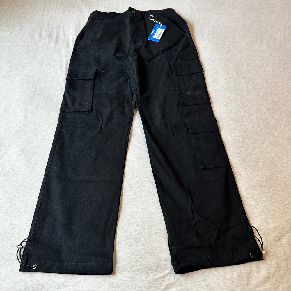 Sixth June Paris Mens Black Cargo Pants Adjustable Toggle Hem Sz S